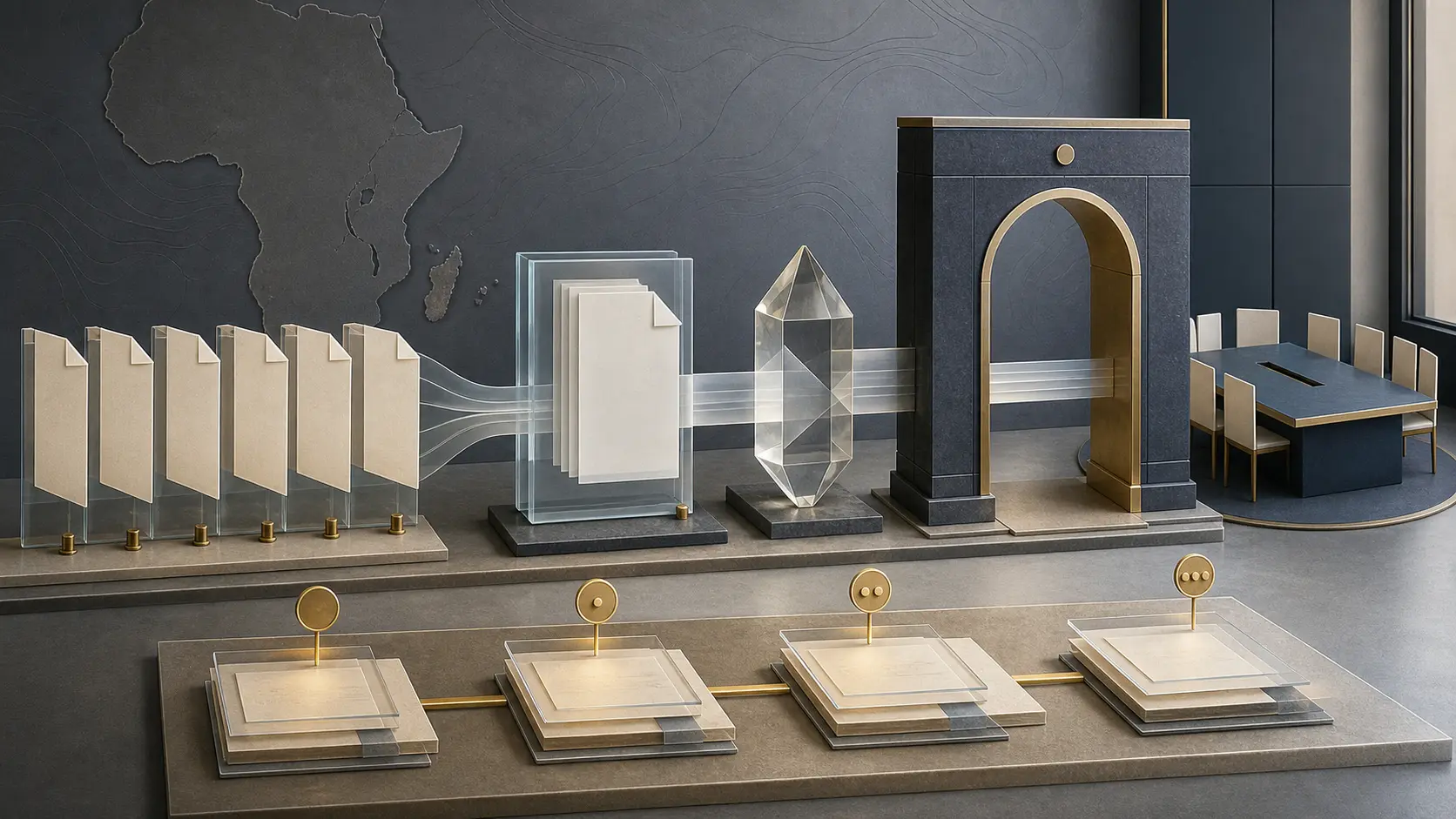 Six blank committee folios converge into a recommendation dossier, pass a neutral legal-review prism and an open Board gateway, then reach an untouched member ballot table above a four-stage version rail.