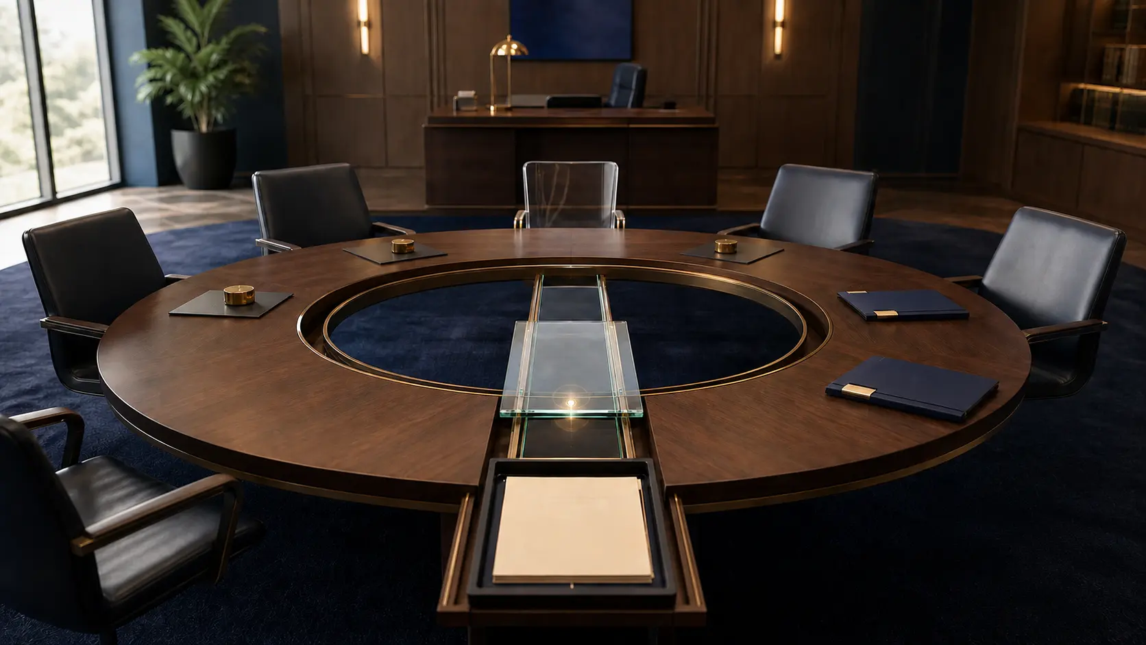 Five advisory chairs and one transparent non-voting liaison chair surround a circular table as a glass advice track leads to a separate response ledger.