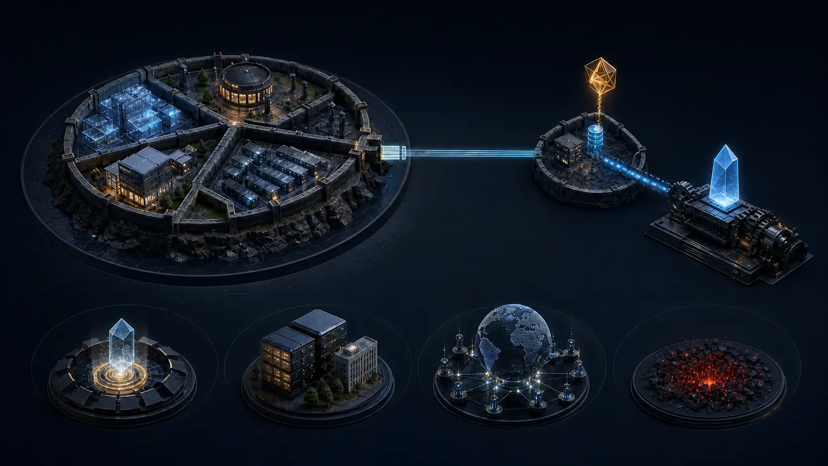 A sealed domain complex connects through one narrow DNS delegation bridge to a small validation zone that can activate certificate issuance while deployment, observation and revocation remain separate.