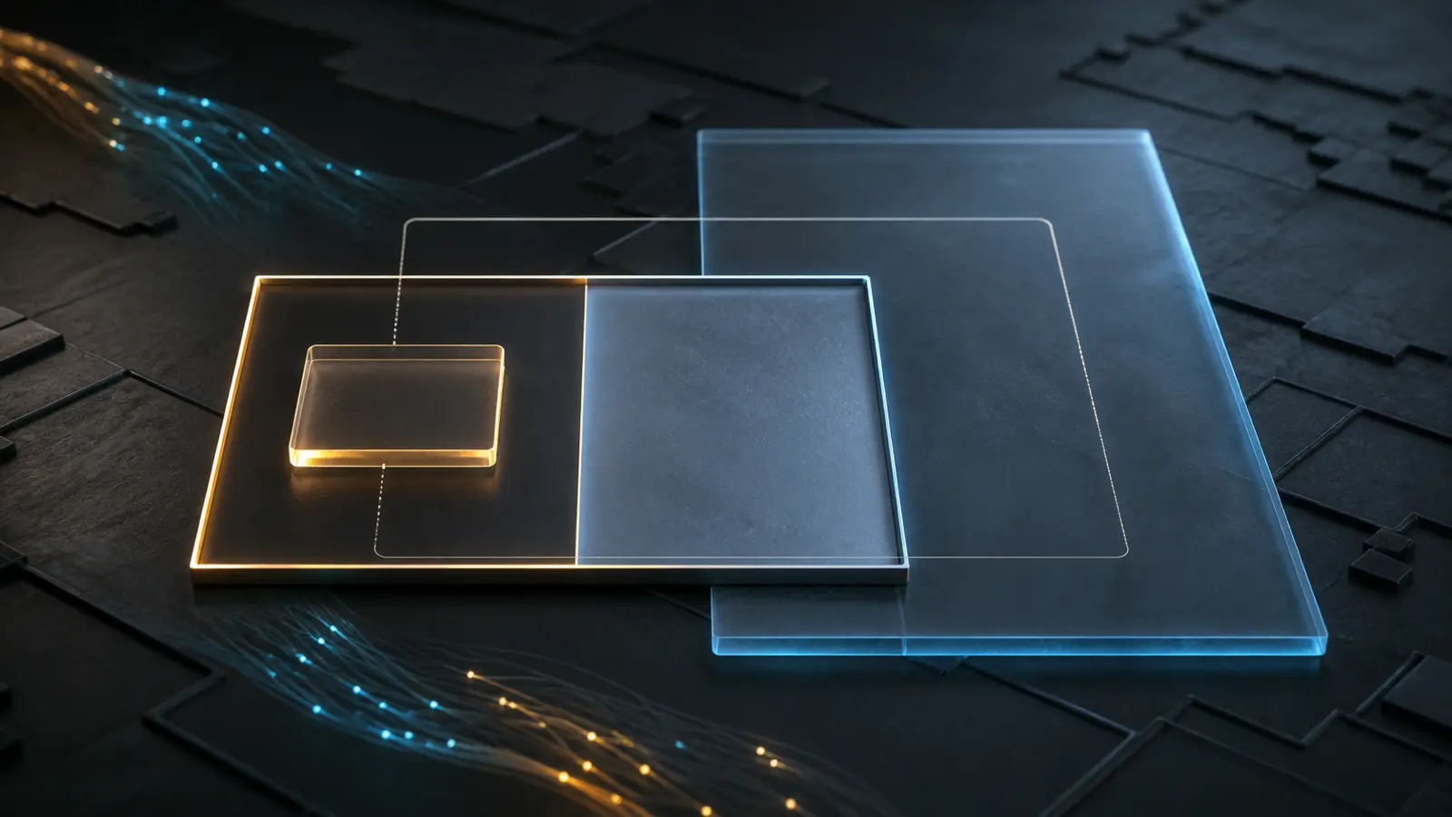 A small illuminated registry tile and a much larger translucent slab jointly cover a framed address range while separate fibre lights remain outside the registry plane.