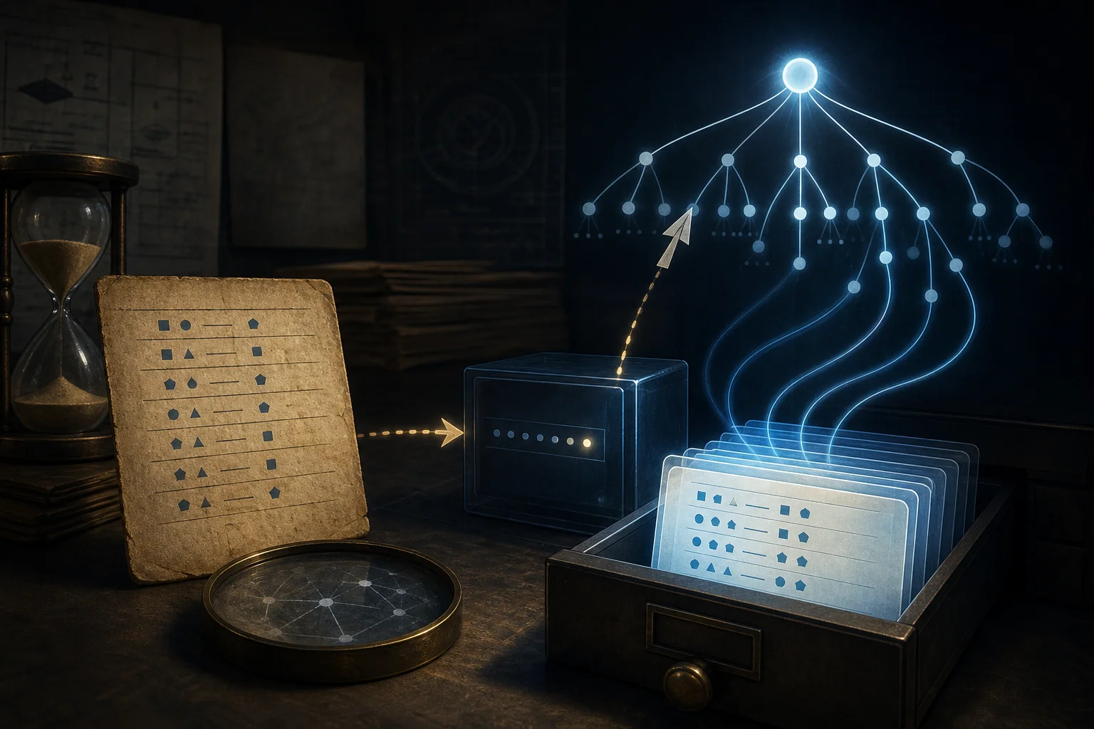 Editorial illustration showing DNS root priming: an aging root-hints card sends one query to the DNS root, whose current authoritative records replace the hint in a resolver cache.