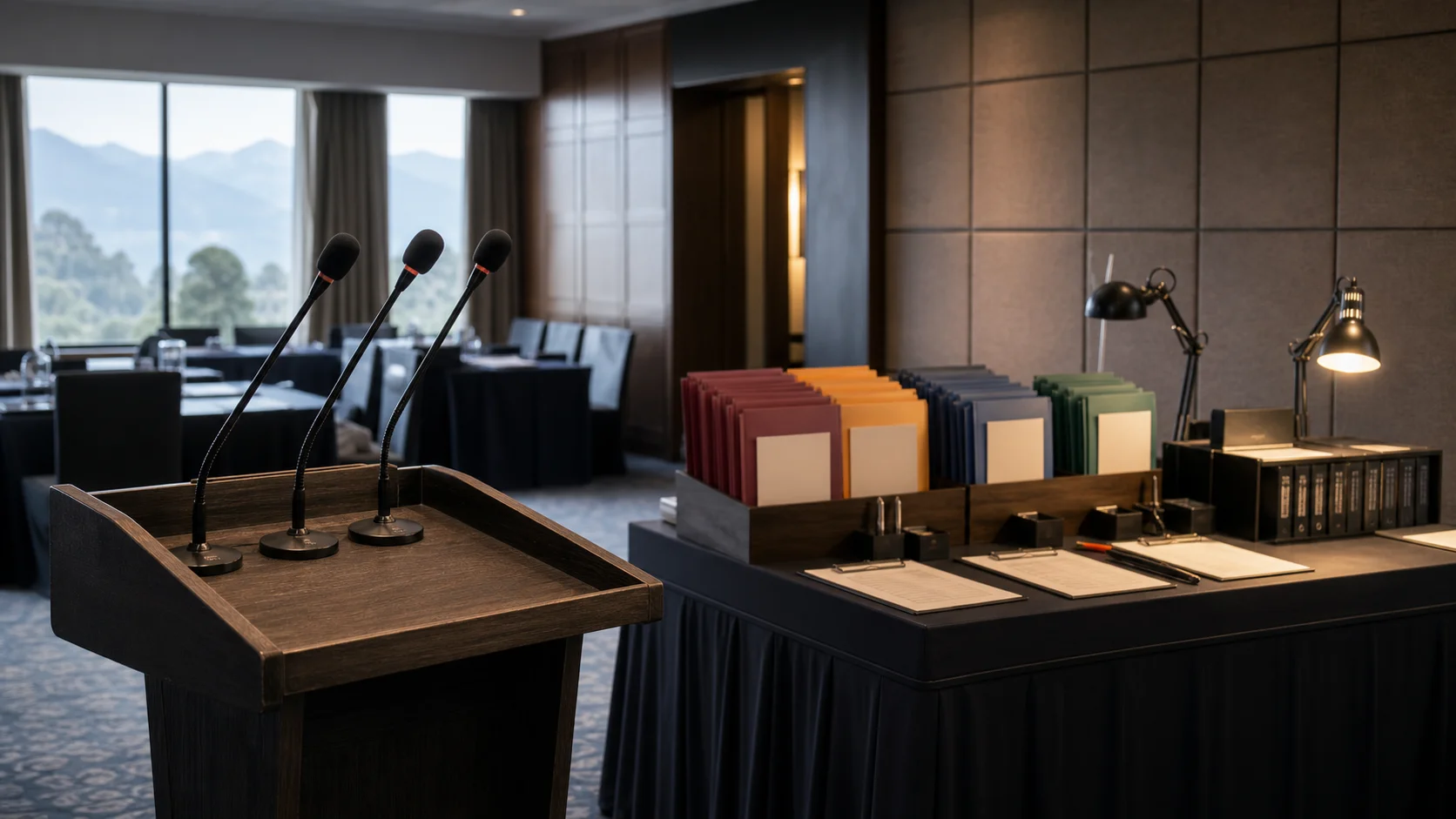 Three conference microphones stand apart from an organised production desk in a quiet Pokhara meeting room.