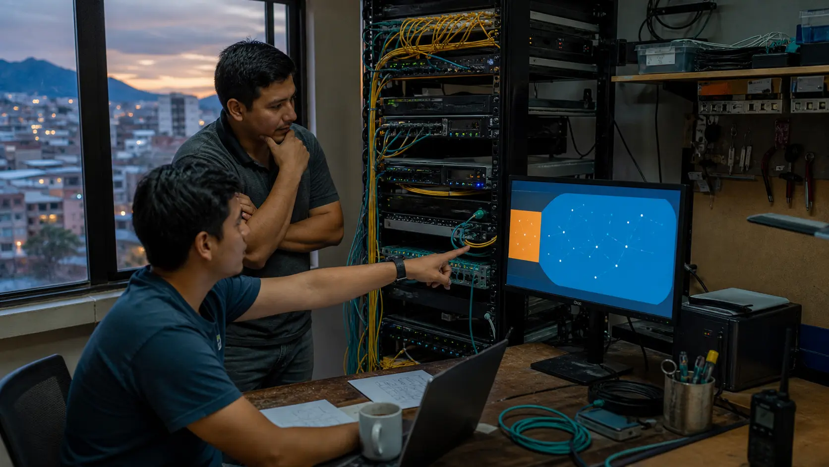 Two engineers in a small Latin American ISP network room review an IPv6-first design with a limited IPv4 segment.
