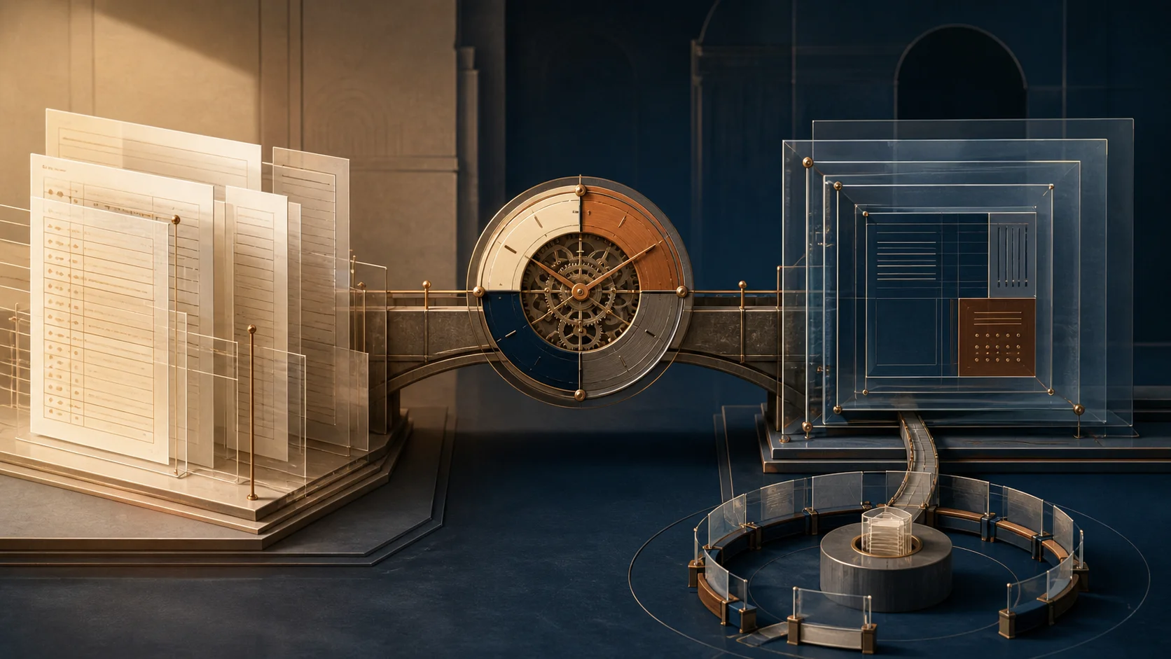 A segmented clock forms a temporary bridge from an open registration ledger to layered policy panels, while a separate community track feeds the permanent structure.