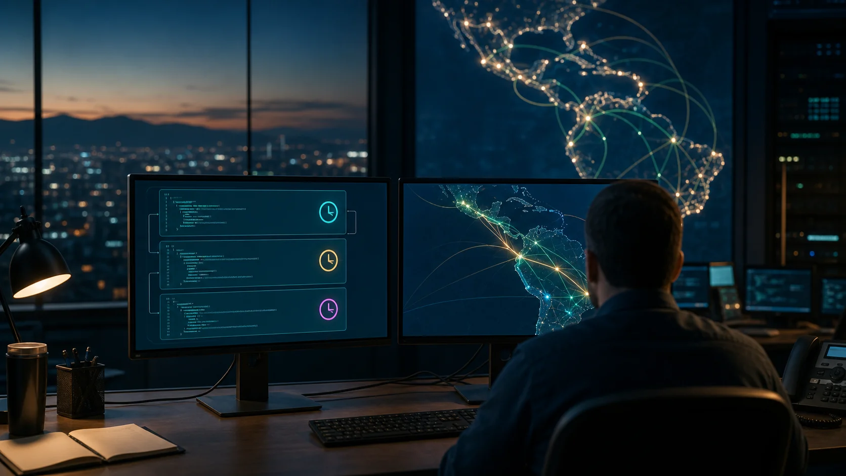 An analyst faces three registry clocks beside a separate map of live network routes across Latin America and the Caribbean.