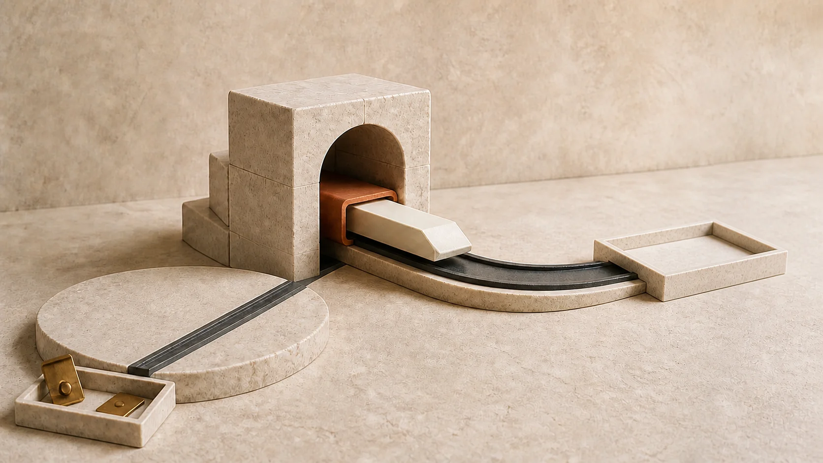 One ivory inner packet emerges from a terracotta routing sleeve at a stone home relay, with an empty visited-side track behind it and an empty receiving tray ahead