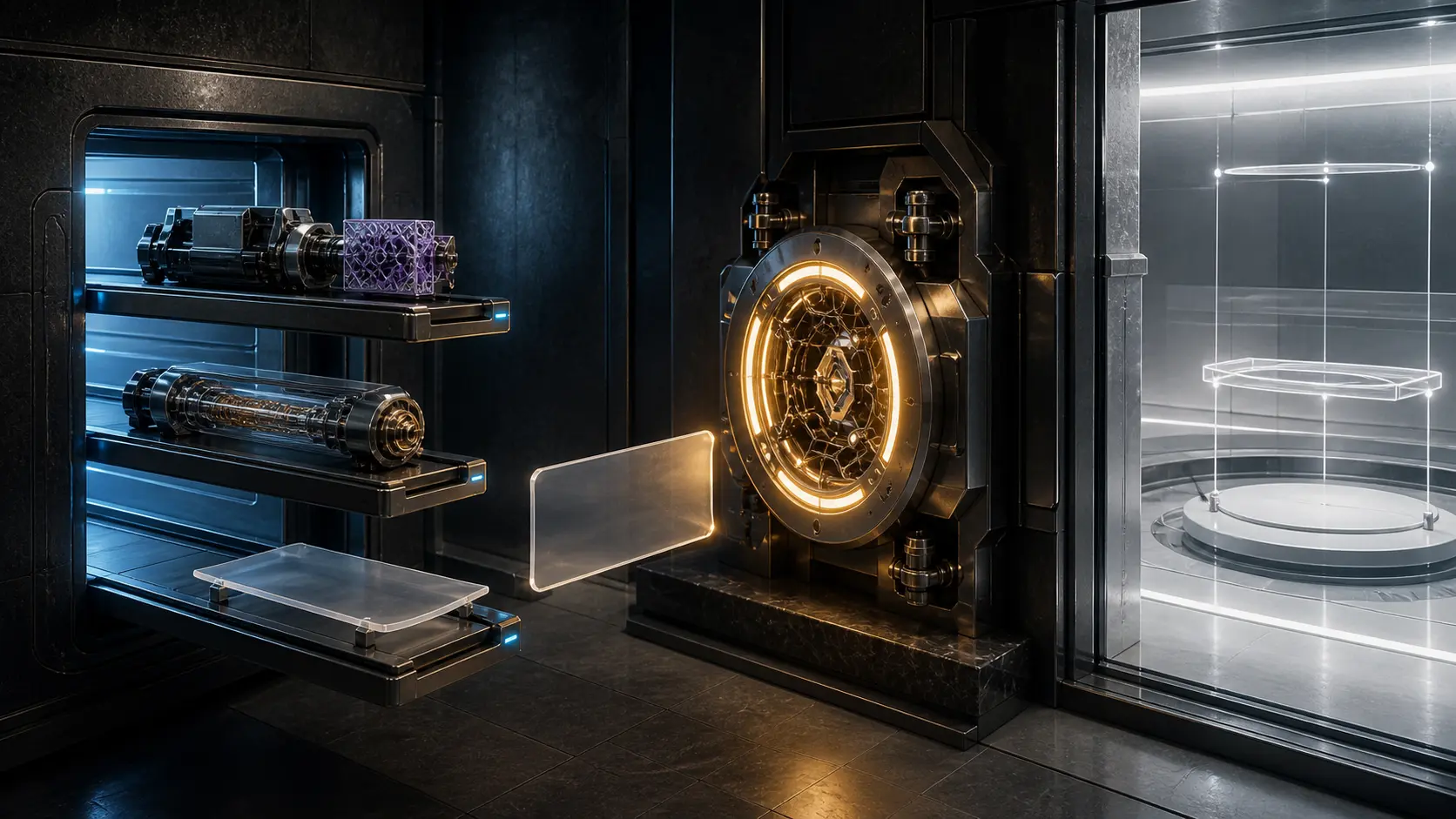 An unsigned translucent certificate carrier stops before an independently powered local trust-anchor socket, while unfinished cryptographic workpieces remain on the institutional side.