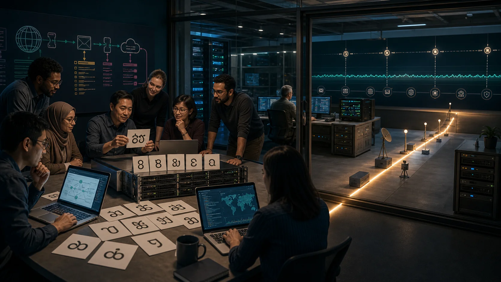 Engineers verify internationalized domain and mail systems at a workshop while an illuminated path crosses into a separately monitored production environment.