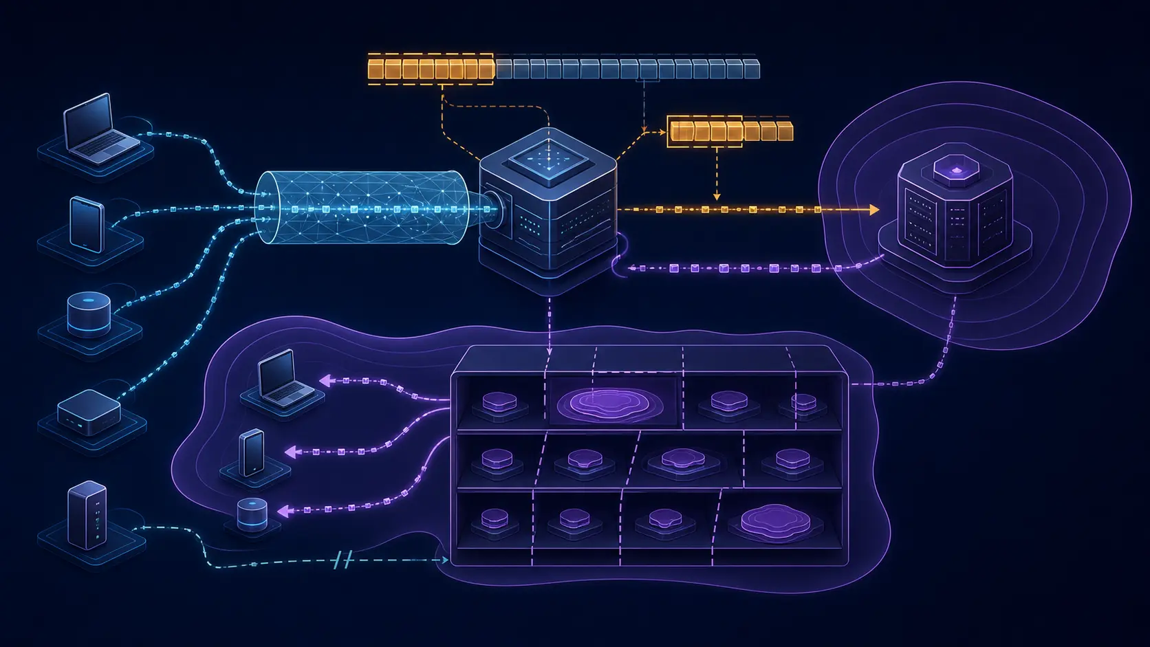 EDNS Client Subnet diagram showing a recursive resolver sending a truncated client-network prefix to an authoritative DNS server, whose returned scope partitions cached answers for later clients.
