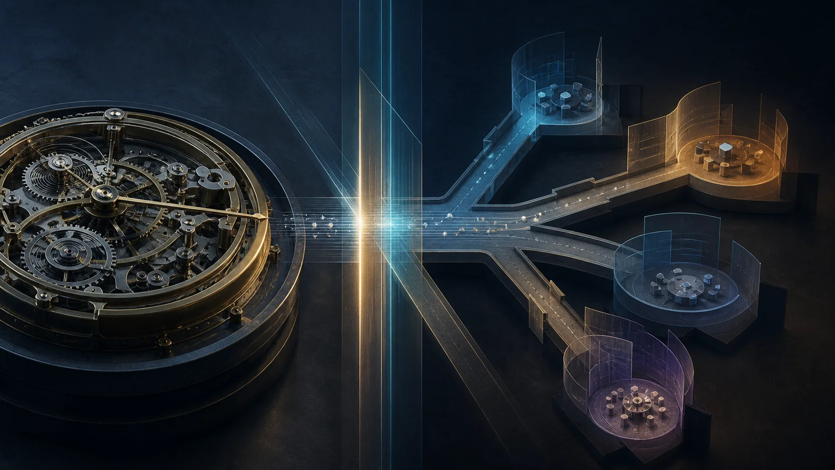 An unnumbered clock mechanism pauses at a luminous verification gate before the path divides into several independent decision chambers.