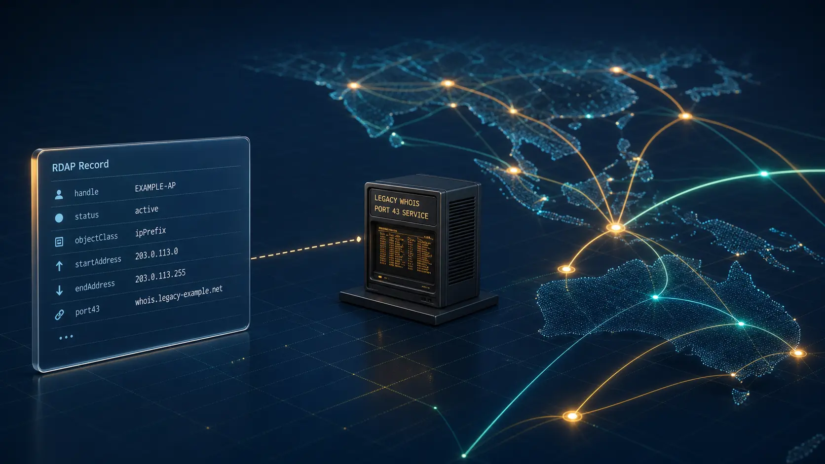 Поле port43 в APNIC RDAP указывает на традиционный сервис WHOIS, а не на полномочия над сетью