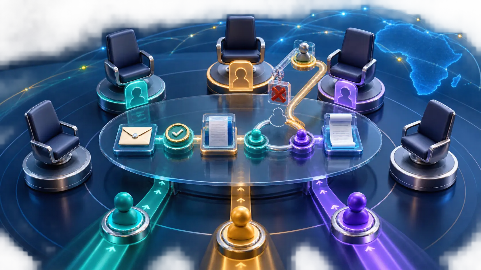 Illustration of five appeal committee seats around a versioned case record, with three nominee paths and a transparent recusal and replacement route.