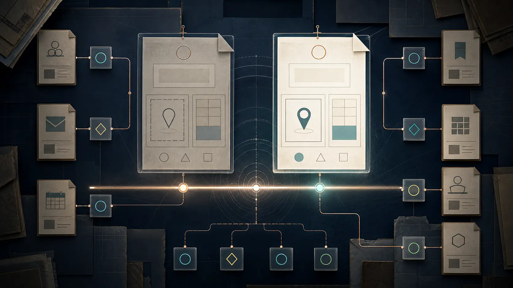 Two versioned event-state panels sit on one public transition line while protected dependency receipts around the perimeter show distinct reconciliation states.
