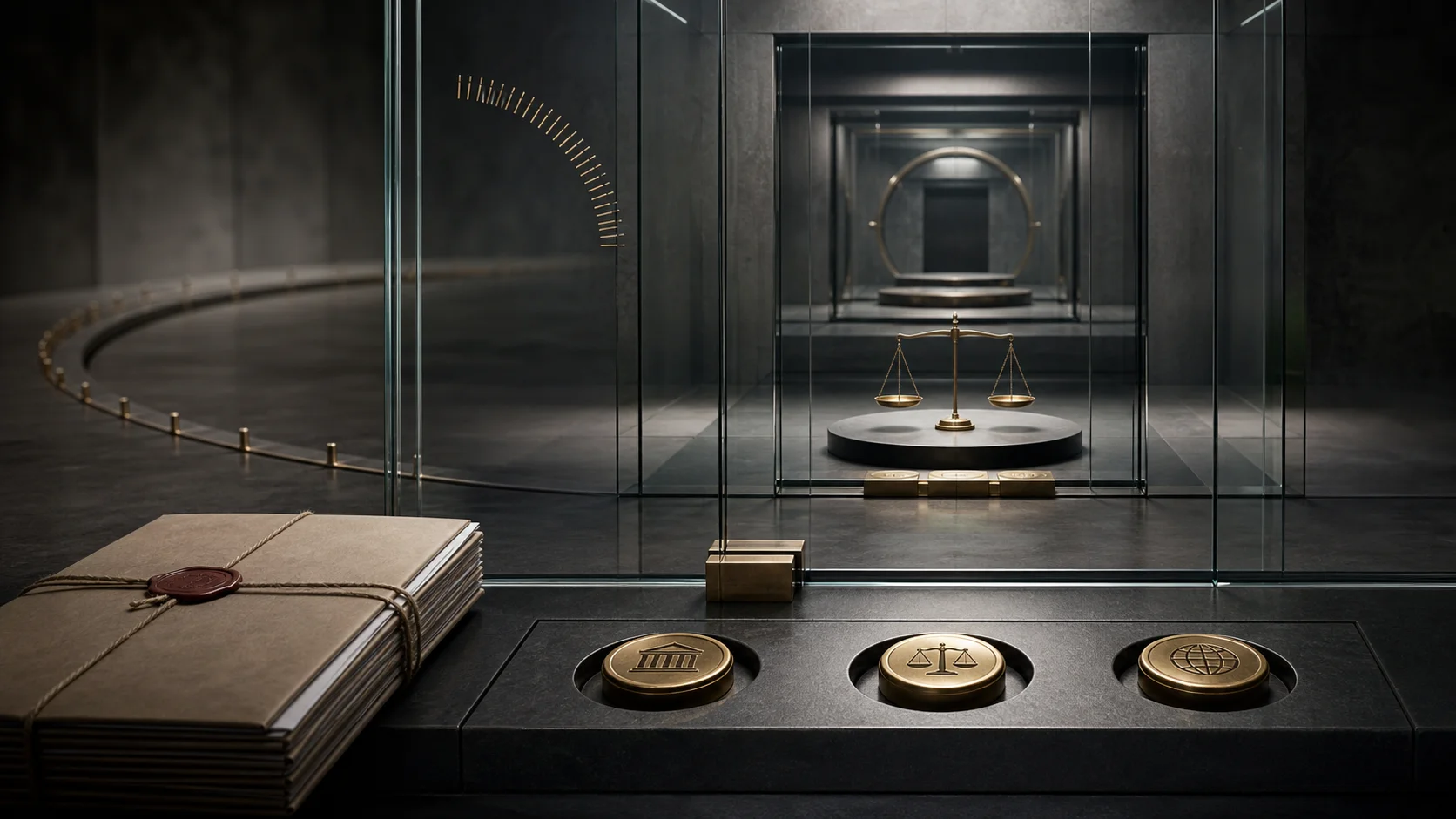 Three brass admission tokens sit before a sealed appeal dossier and a balanced scale in a layered transparent review chamber.