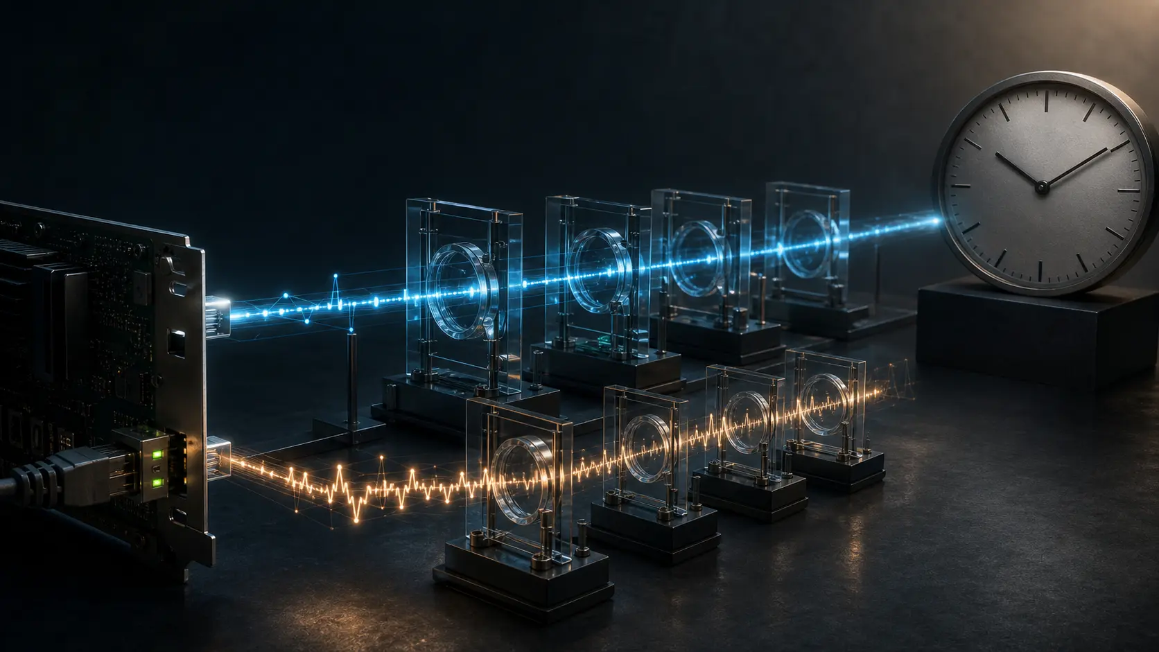 A network interface sends two timing paths through transparent measurement mechanisms toward one independent clock, with the sharper blue path remaining separate from the clock's authority.