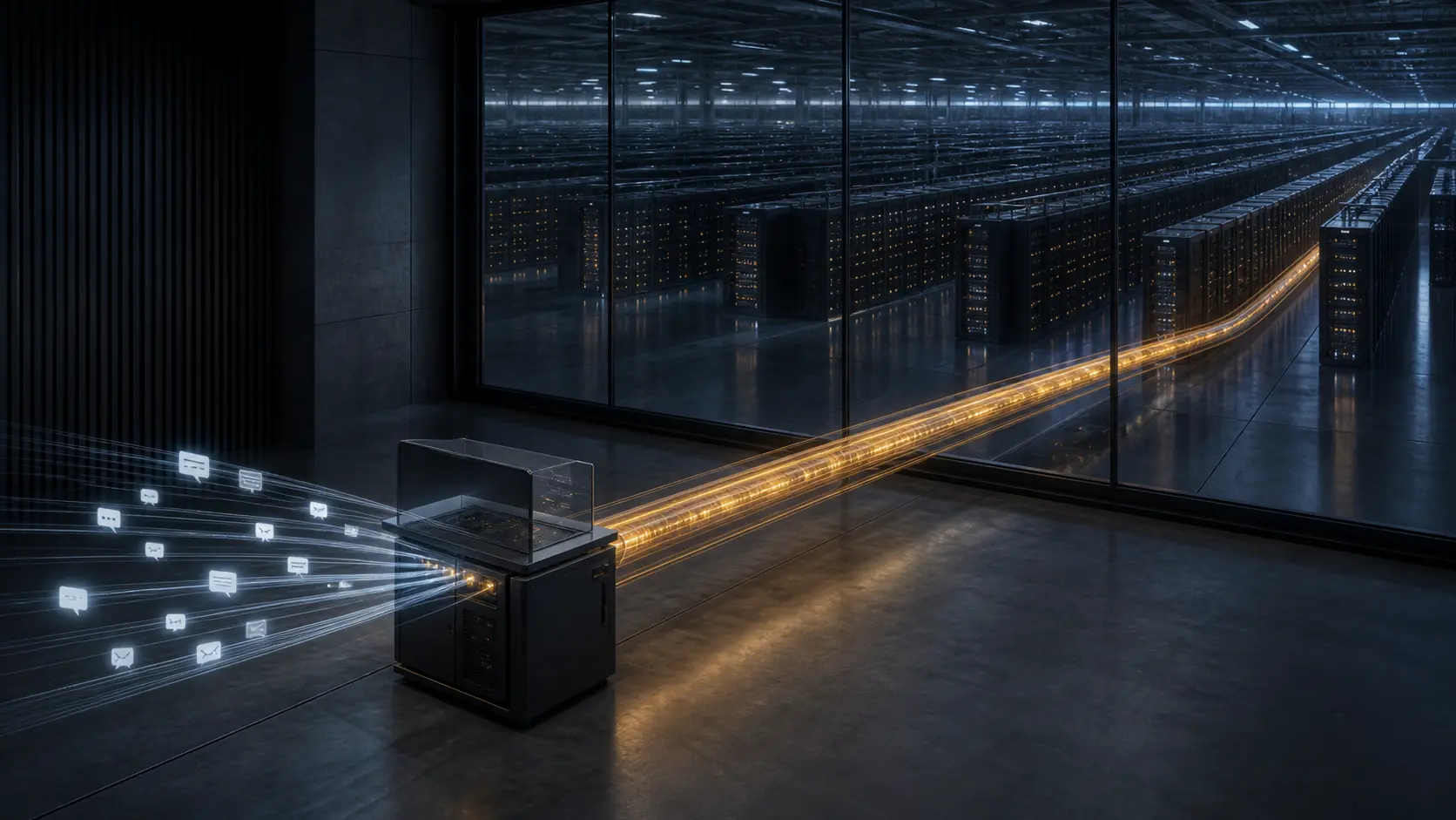 A small platform control cabinet sends activity through an amber contractual conduit into a vast remote server hall behind glass.