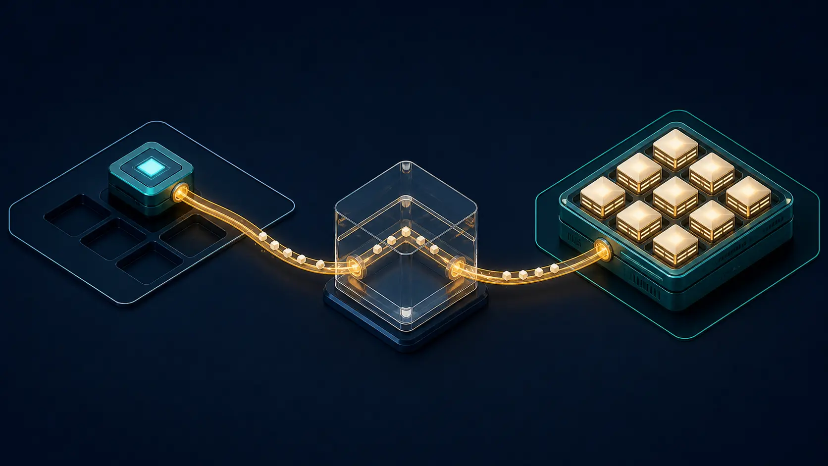 A cyan source domain with empty data bays sends one amber route through a transparent cache to a separate teal target domain holding complete data modules