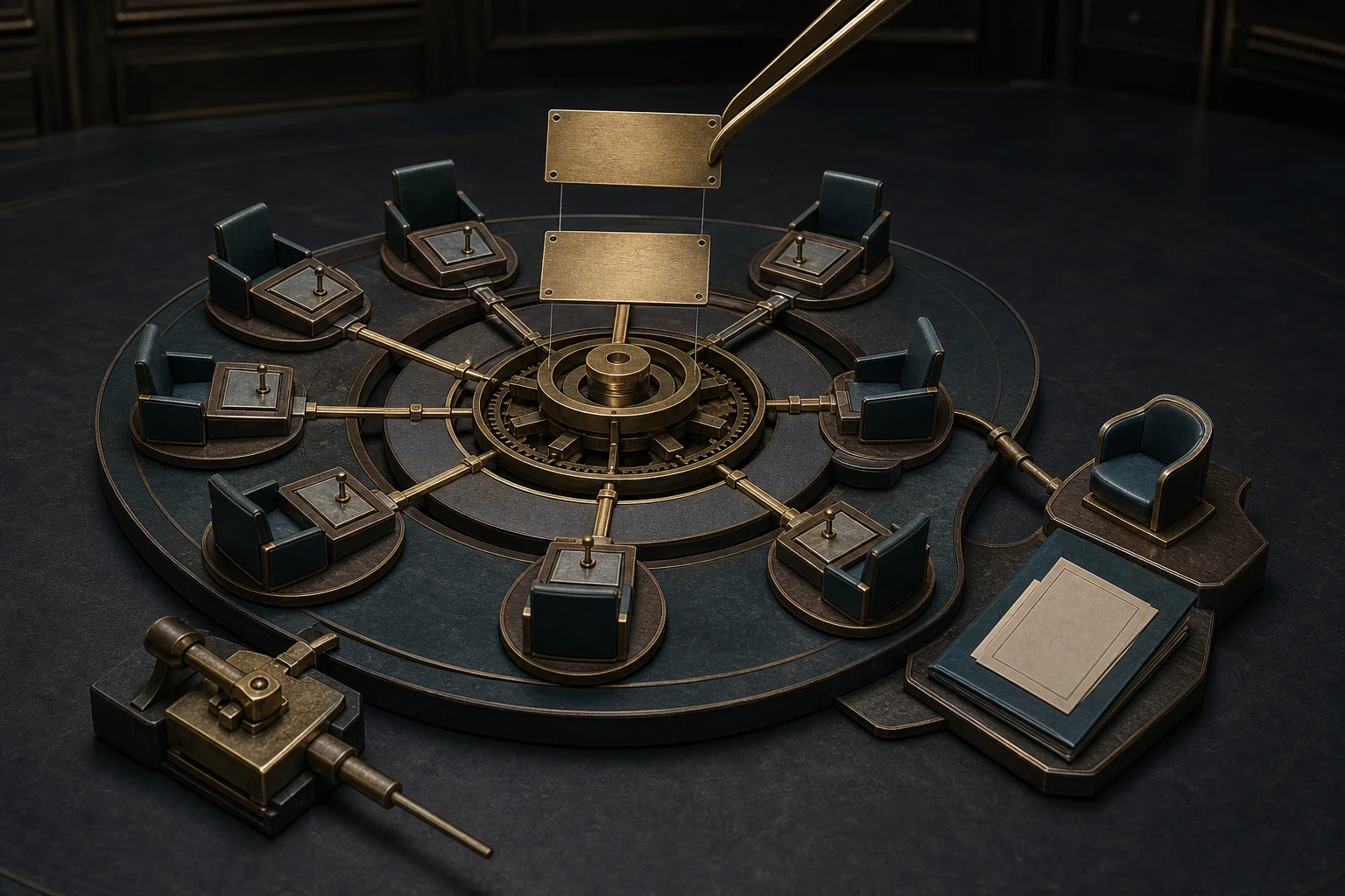 Editorial still life of seven matching APNIC council seats feeding one fixed selector, a distinct connected ex-officio executive chair, and two blank brass language plates exchanged above the unchanged mechanism.