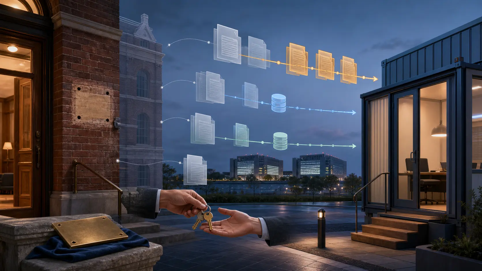 Keys pass from an old brick office to a temporary modular office while document and registry layers update along separate paths and two external data centres remain in place.