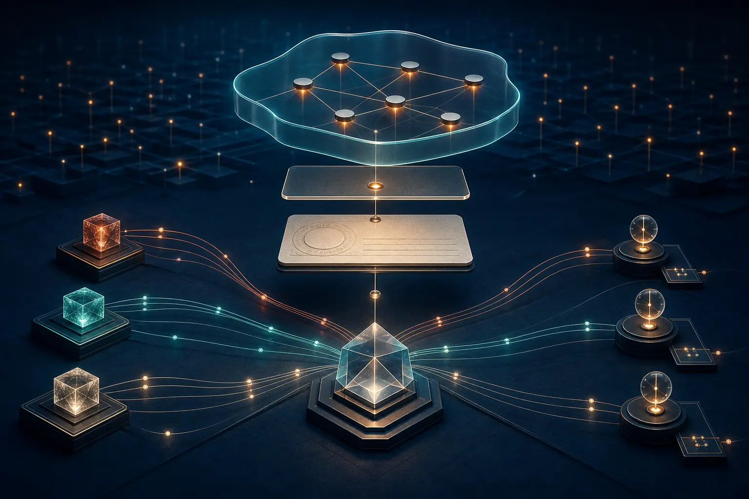 Three separated identity layers—a registry card, changeable nameplate and transparent multi-node analytical boundary—remain connected to distinct provenance paths.