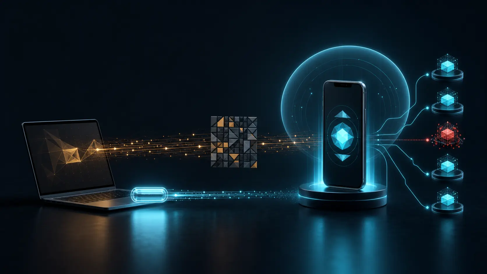 An amber request from an untrusted laptop crosses an abstract handoff mosaic into a genuinely protected cyan phone, whose valid approval returns a token to the original laptop while downstream resource nodes remain active.