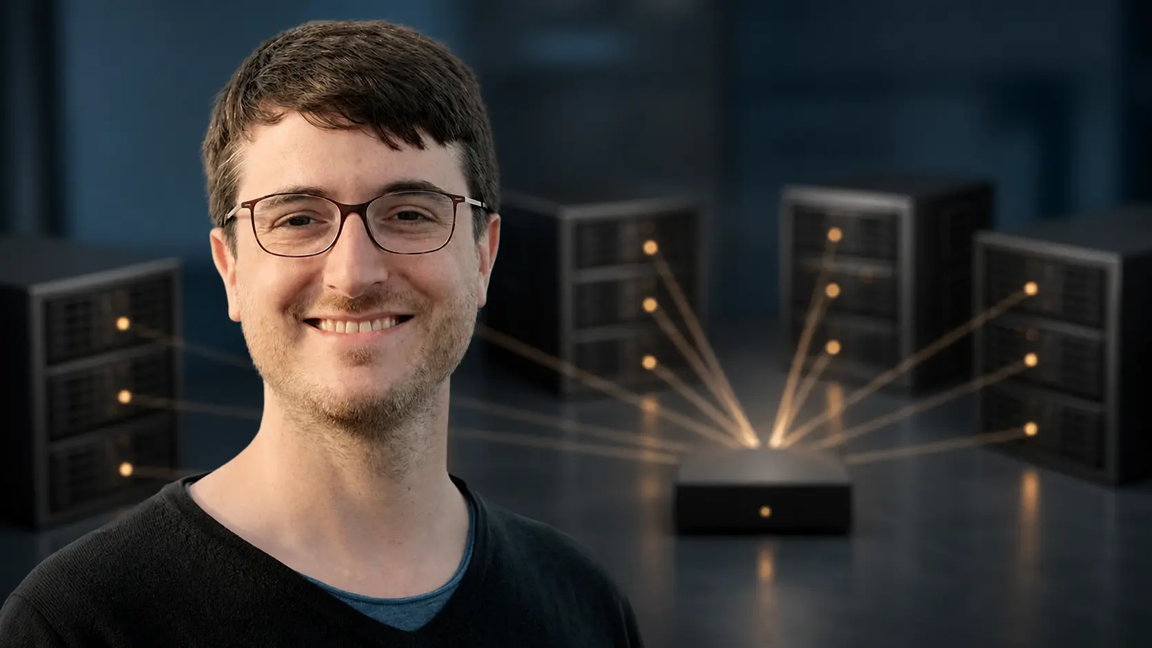 Peter Thomassen in an AI editorial portrait beside several equal authoritative service points converging on a neutral parent-side gateway