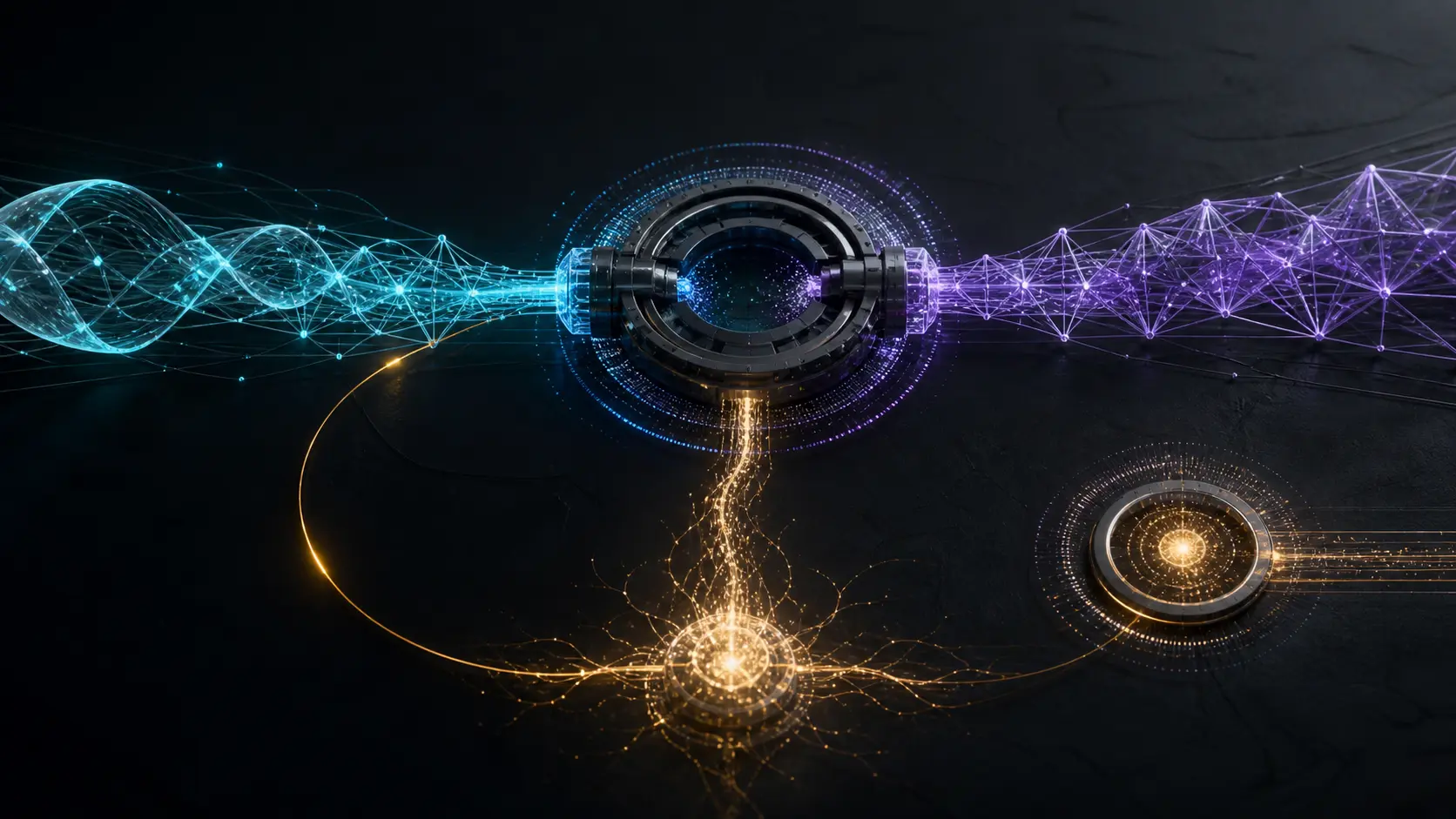 Two distinct cryptographic conduits enter one transcript-bound combiner while an amber state trace reveals the shared entropy root feeding both paths.