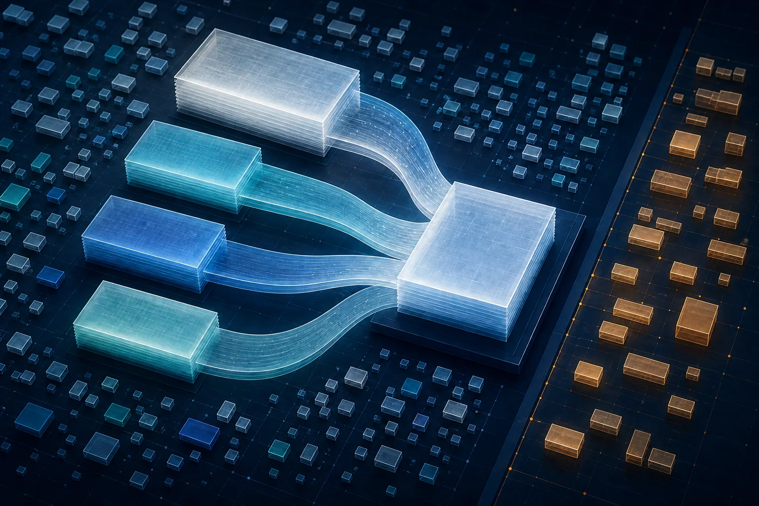 Four luminous address-block streams converge on one monthly register stack amid many smaller blocks, with a separate amber lane of rectangular blocks.