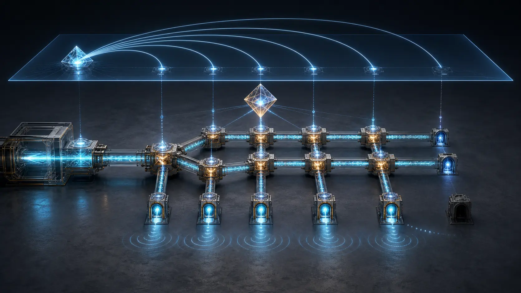 A root and controller address six point-to-multipoint leaves across separate control and physical planes while five delivery apertures glow and one intended leaf remains dark.