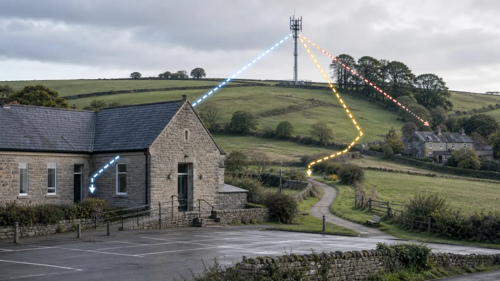 Editorial illustration of a rural mobile mast above a stone community hall, car park and footpath, with segmented paths showing that local coverage differs by place.
