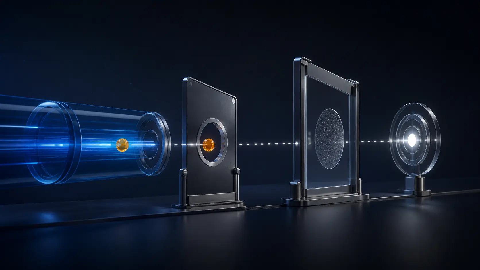An amber state token passes a blue transport tunnel and a scope gate, then stops before a separate decision gate and white confirmation beacon.