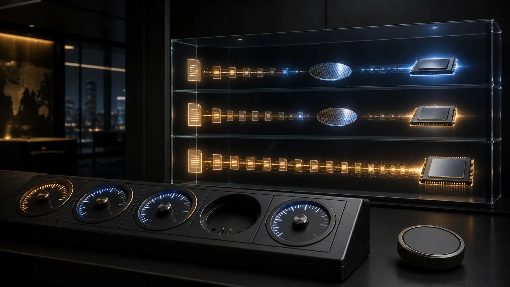 An empty gauge socket sits on an executive scorecard while a glass ledger behind it keeps three contract-time lanes moving toward wafers and processor packages.