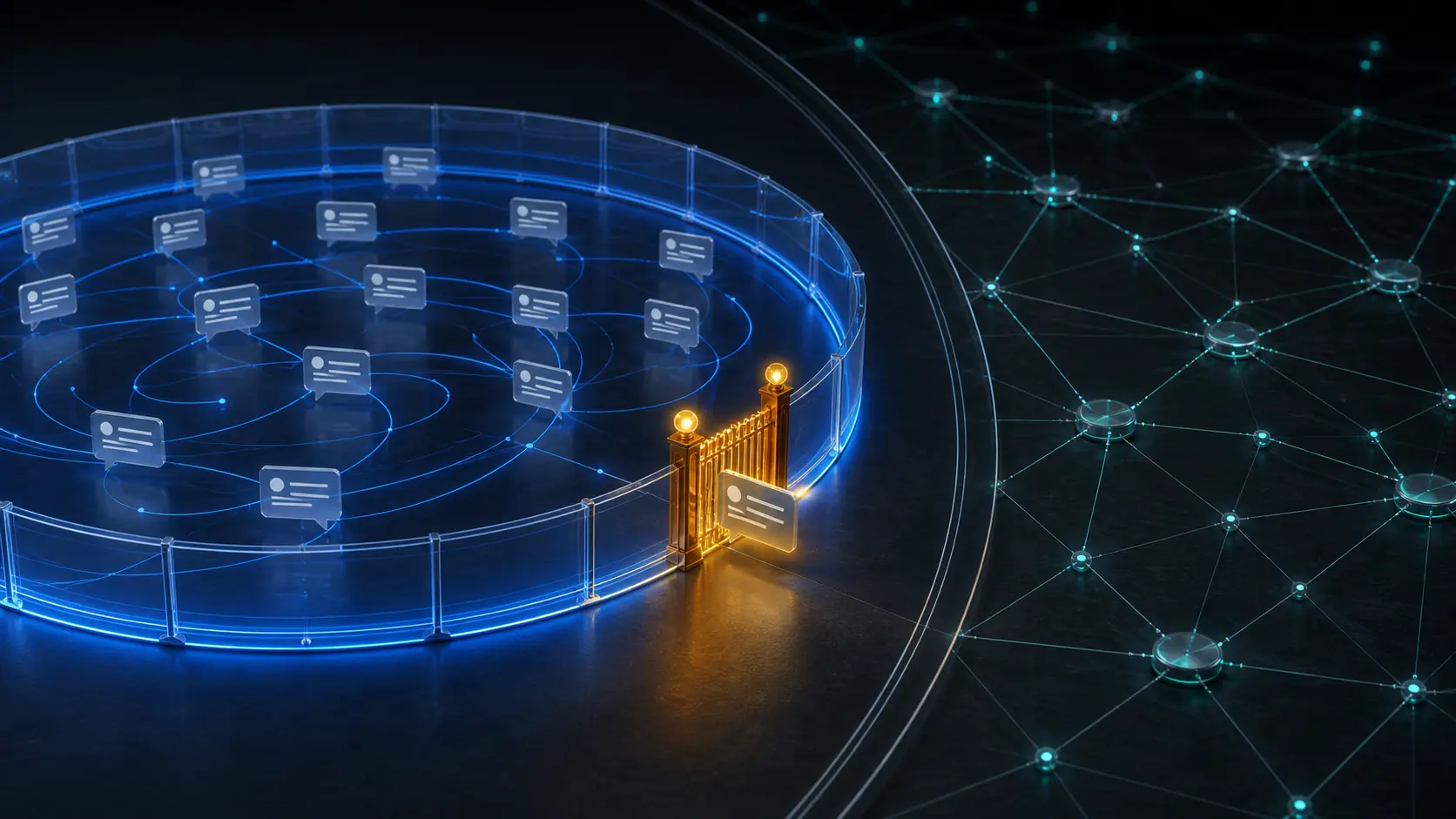 A blue circular discussion forum is bounded by one amber gate; beyond it, a separate teal network continues independently across a dark editorial field.