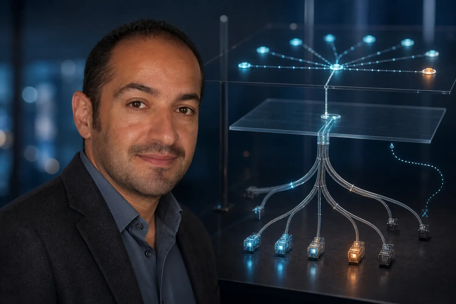 Hooman Bidgoli in an AI editorial portrait beside distinct membership, controller, replication-tree and receiver layers.