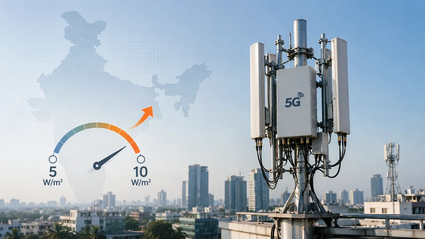 Illustration of a 5G base station in India showing the reported EMF power-density limit rising from 5W/m² to 10W/m²