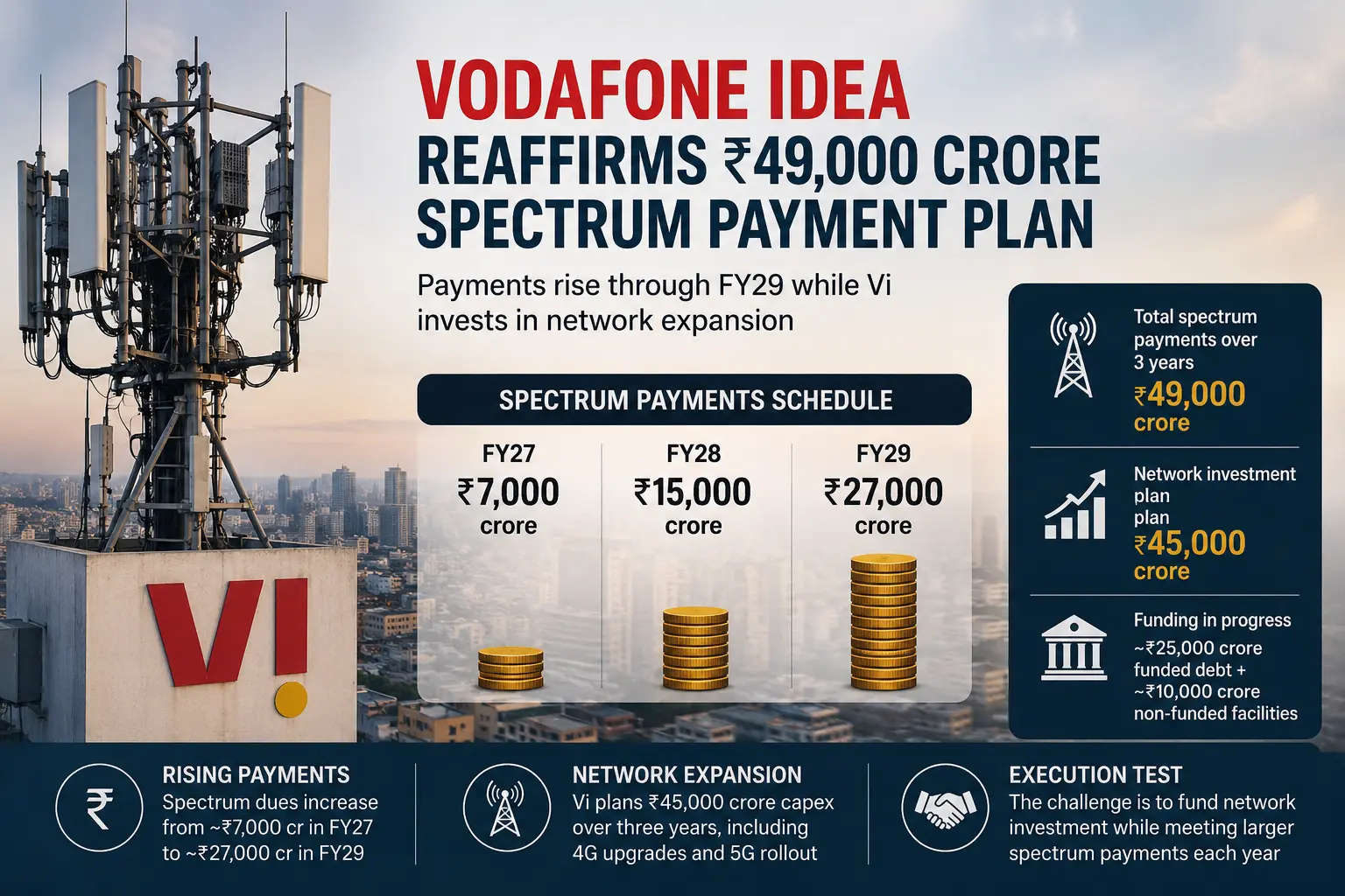 Vodafone Idea telecom tower with infographic showing ₹49,000 crore in spectrum payments through FY29 alongside a ₹45,000 crore network investment plan