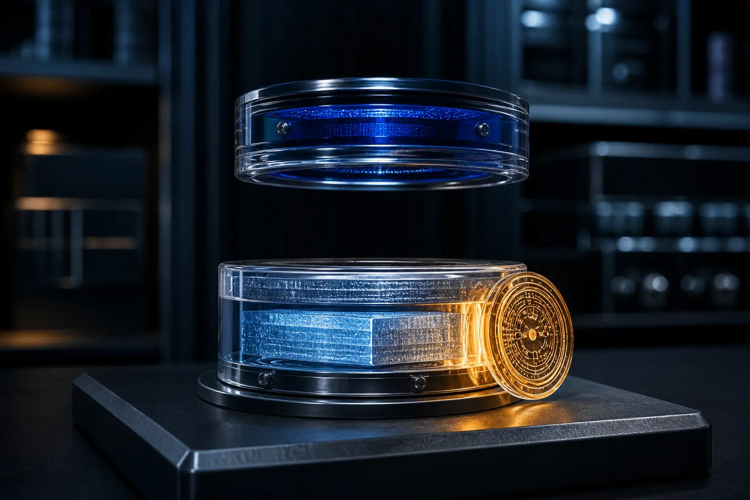A blue transparent payload capsule and amber time-token disk stand on a dark forensic archive plinth, visibly separated from a floating blue signature layer above.