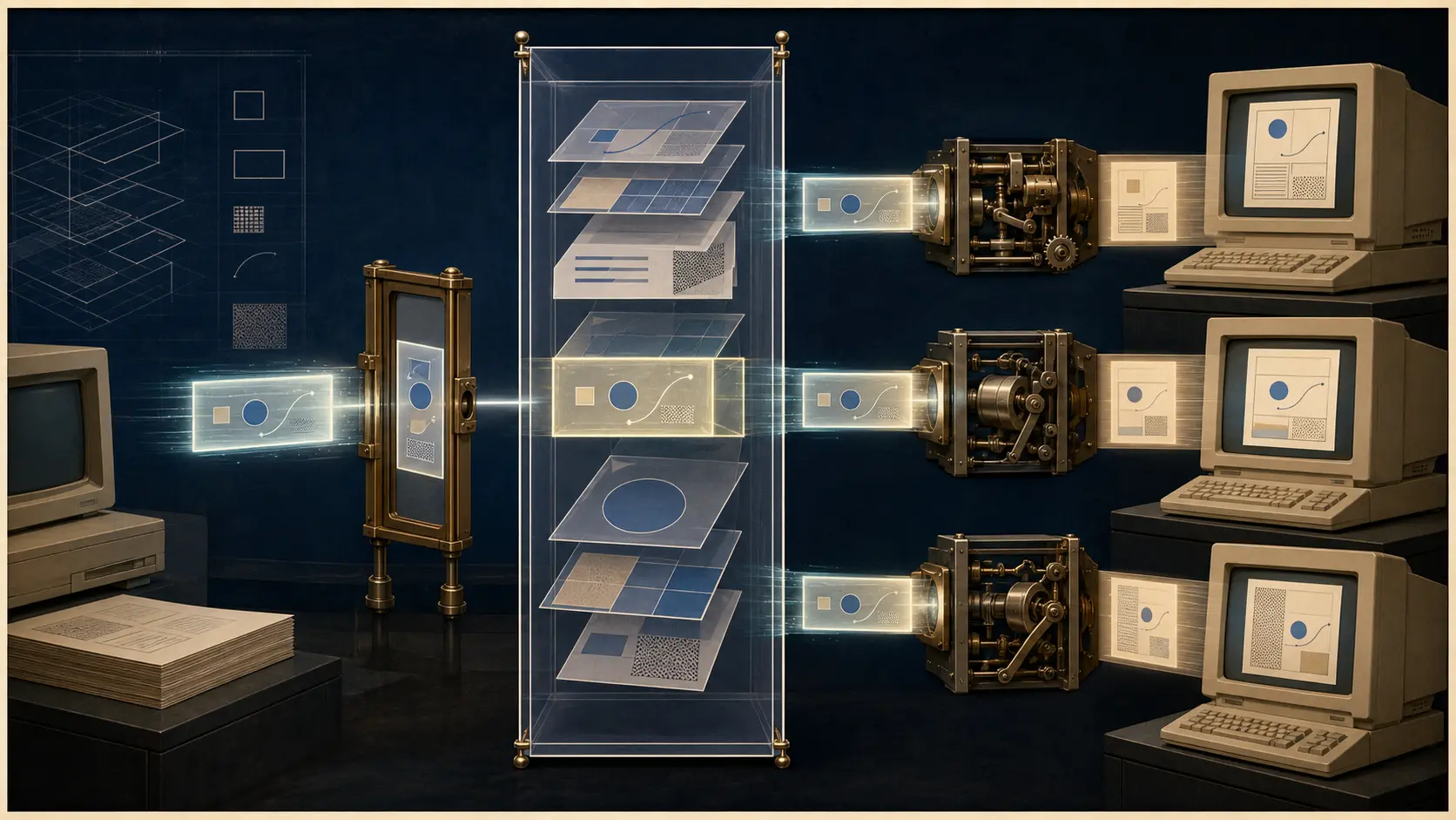A glass tower of abstract document layers passes a selected profile through three different brass mapping machines into beige workstations with distinct page arrangements.