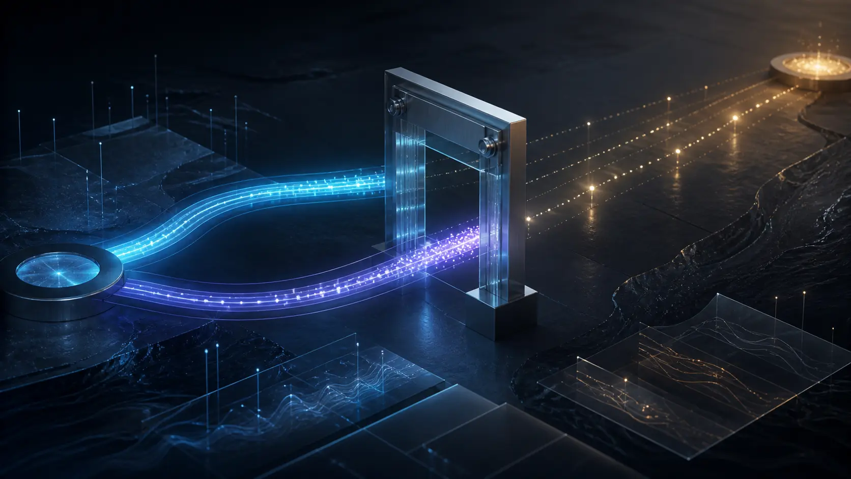 Two luminous network paths cross a precise authentication gate, while sparse downstream packet traces and measurement layers separate a completed subflow join from an unproven service outcome.