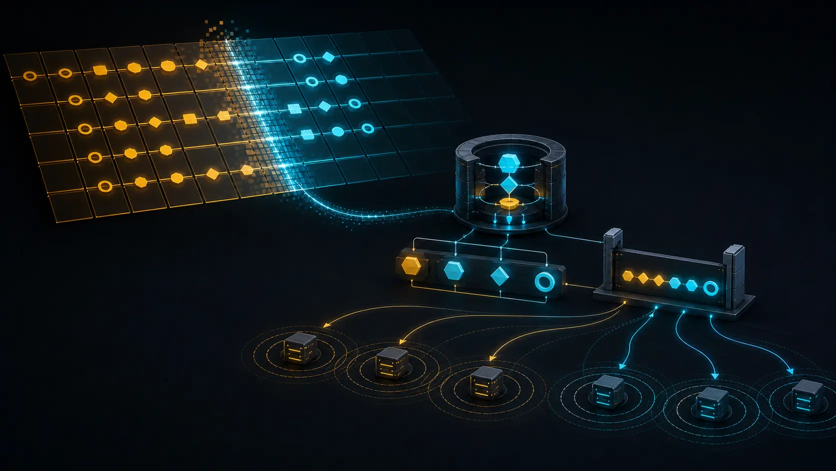 An algorithm registry changes from amber to cyan while a separate DNSSEC signer, parent delegation, cache and validator chain remains split between old and new states.