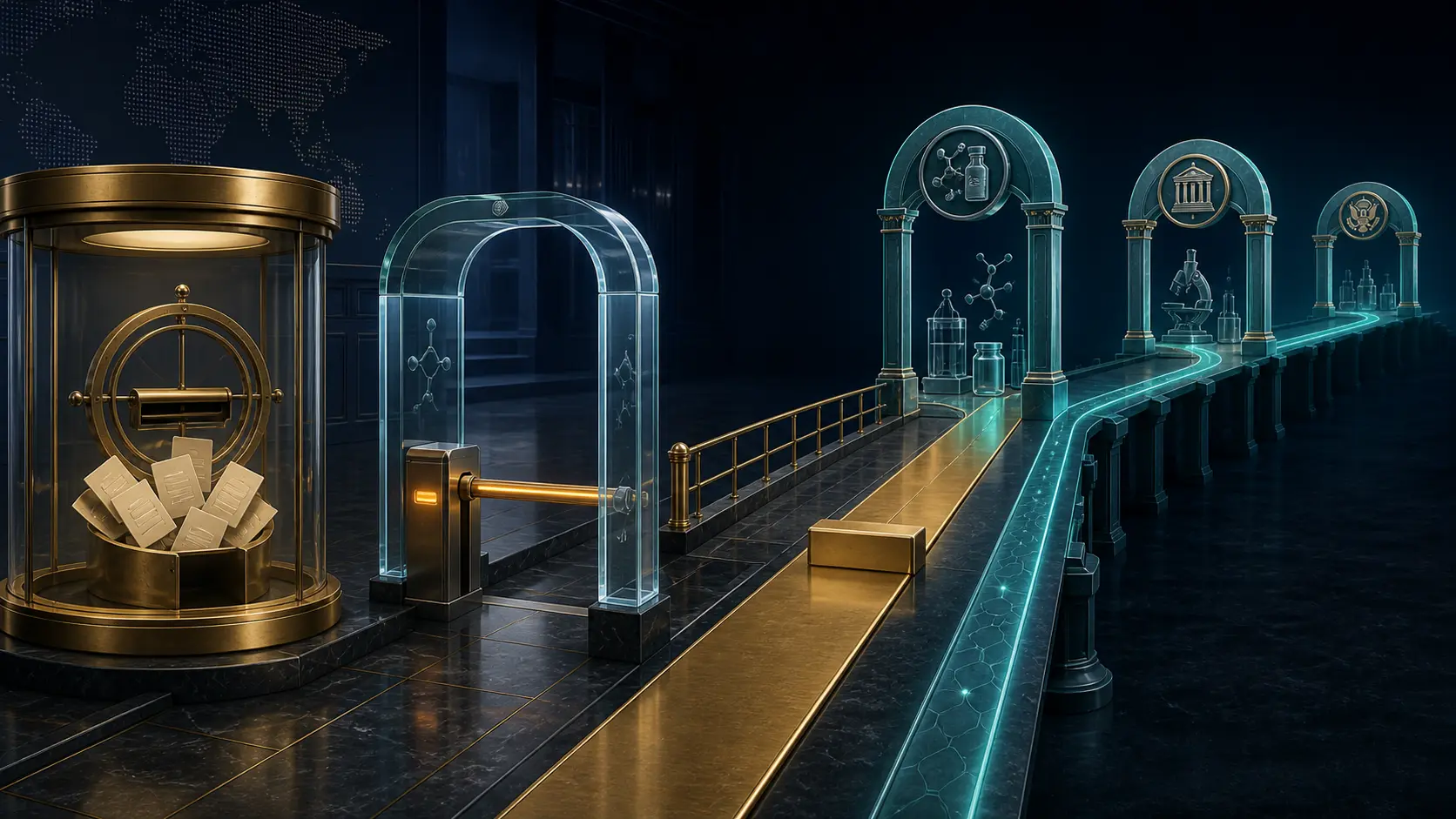 A ballot gate and a regulatory barrier lead to a closing bridge, where a short gold rail ends and a teal path continues through three distant clinical arches.
