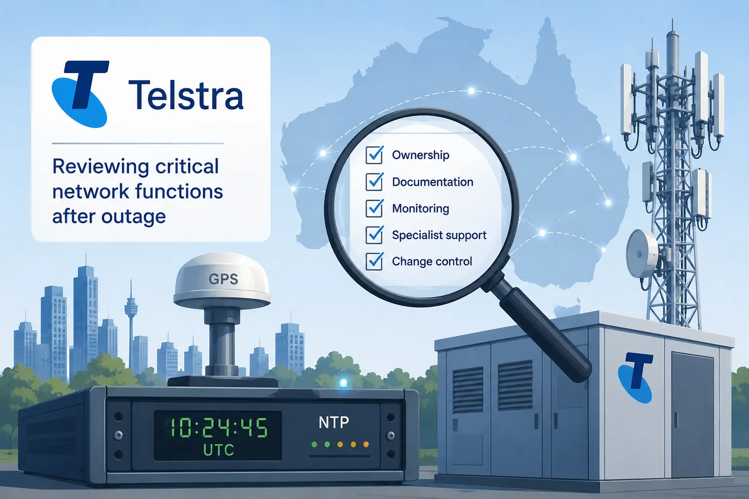 Illustration of Telstra reviewing network timing, monitoring and operational controls across its Australian telecom network