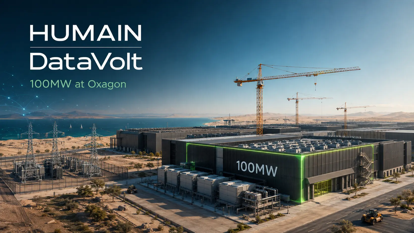 AI-generated editorial illustration of a 100MW data-centre development at Oxagon with construction cranes, cooling equipment and electrical infrastructure.