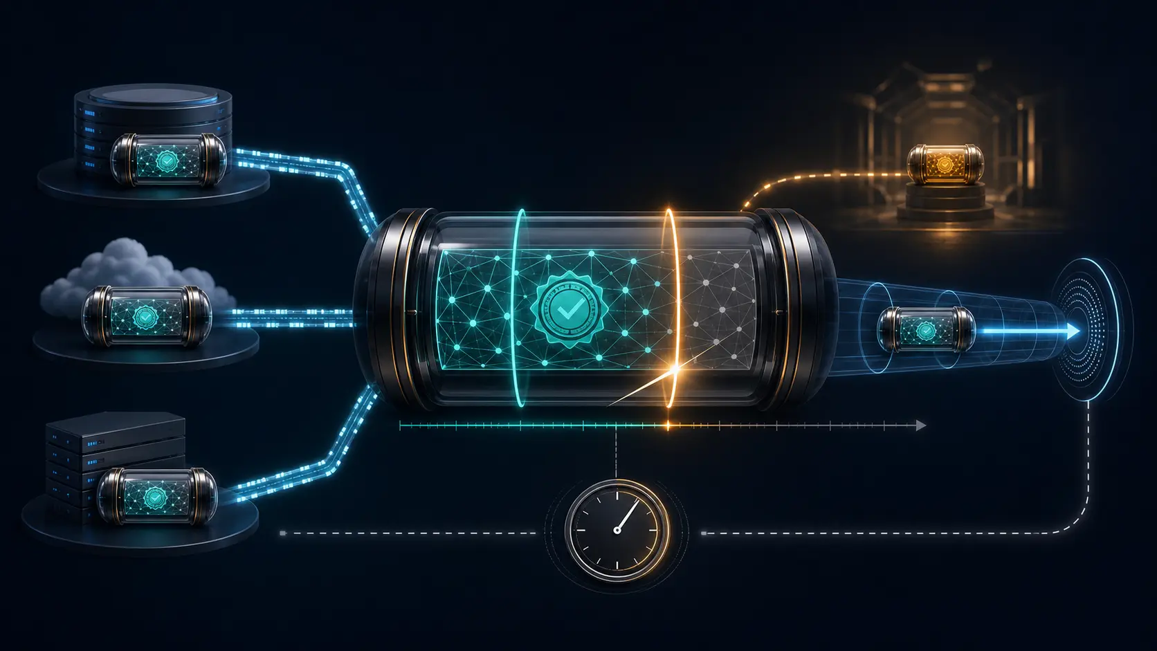 Three cached copies feed an intact signed certificate-status capsule whose teal authority ends at an amber time gate while a newer response waits on a separate path.