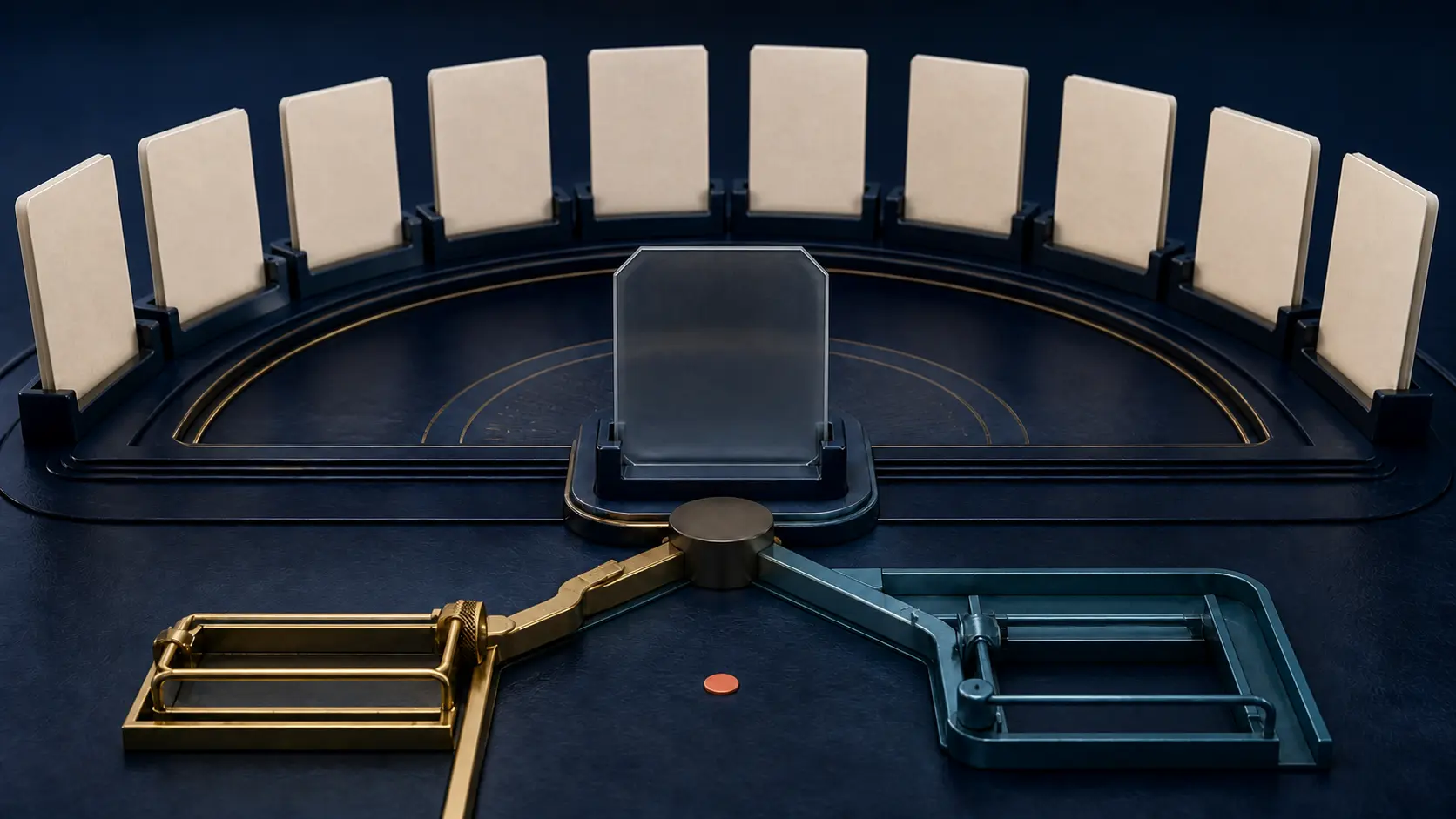 Editorial illustration of ten filled public-comment slots around one retained empty record, with two unselected authority paths converging behind the missing actor state.