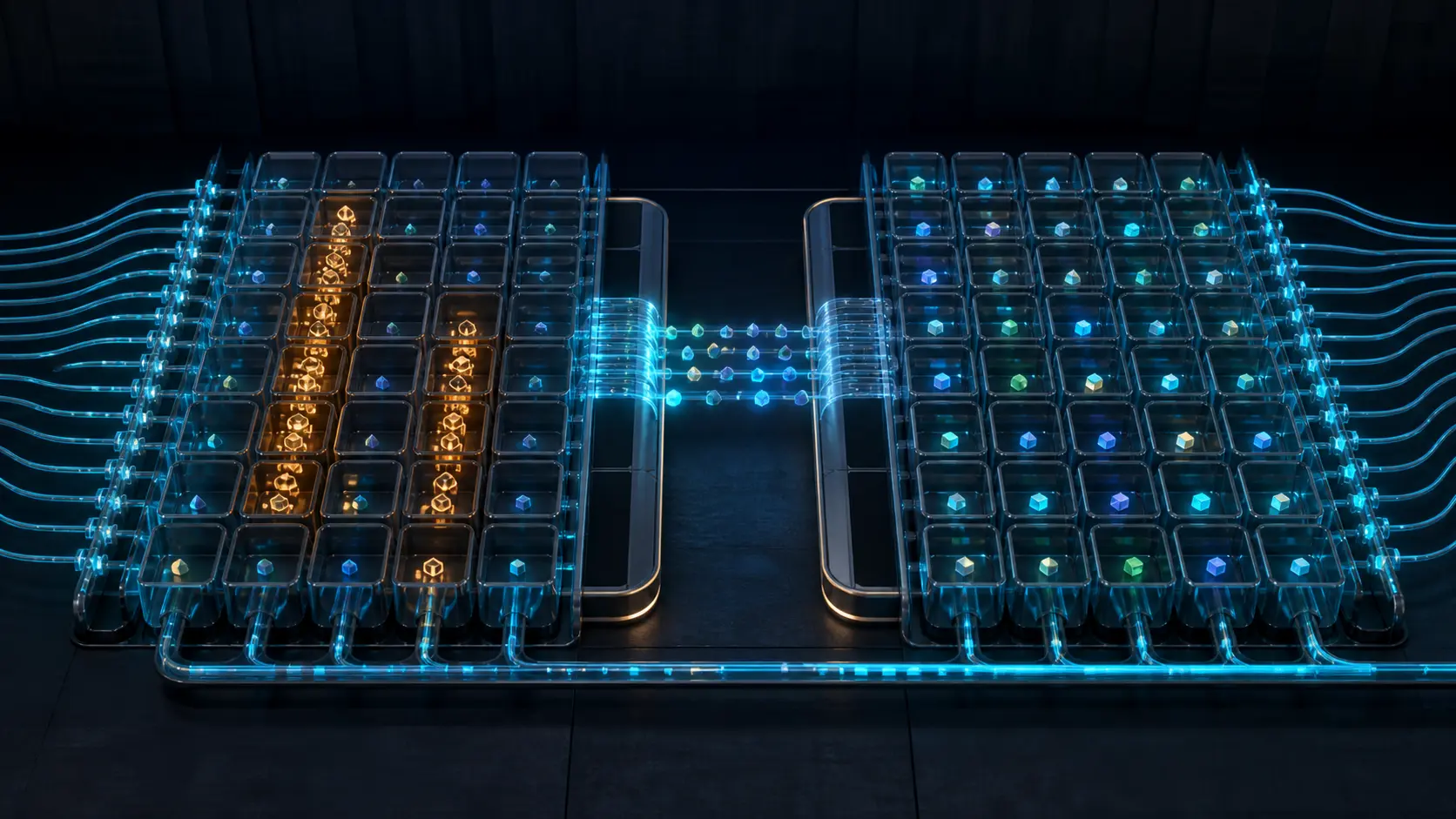 Two connected hash tables show amber records concentrated in a few buckets before the same records migrate into an evenly dispersed cyan epoch.