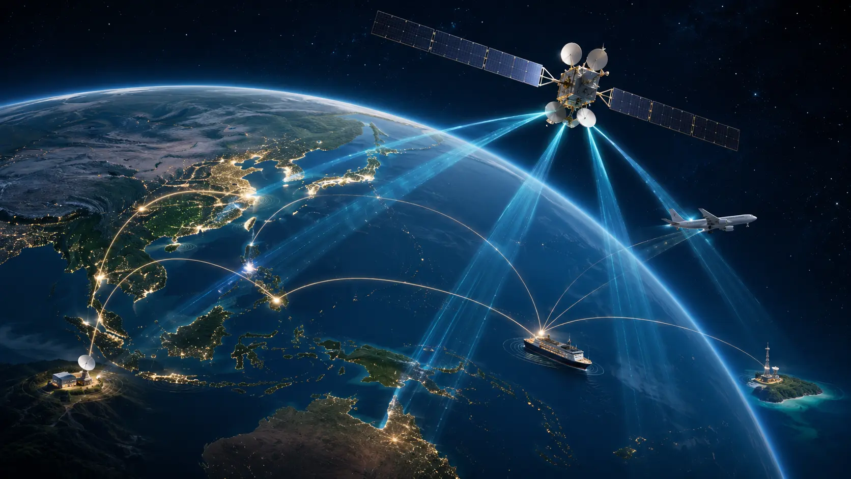 Editorial illustration of a communications satellite providing connectivity across Asia-Pacific, representing ViaSat-3 F3 commercial service