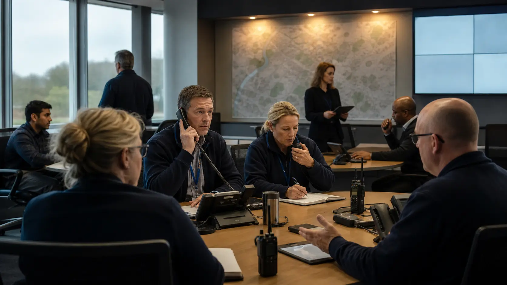 Responders in a coordination room test radio, fixed-line and mobile communications while a provider liaison call is made.