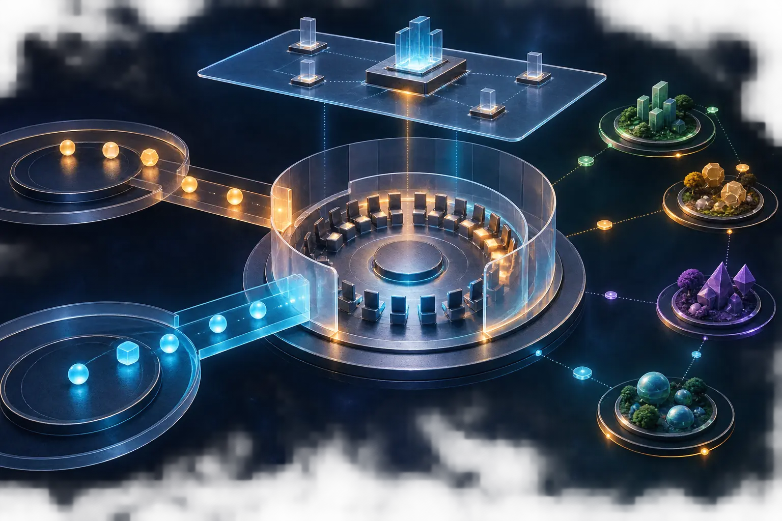 Abstract glass governance chamber receiving two separate entry paths, with a distinct oversight plane and independent project nodes.