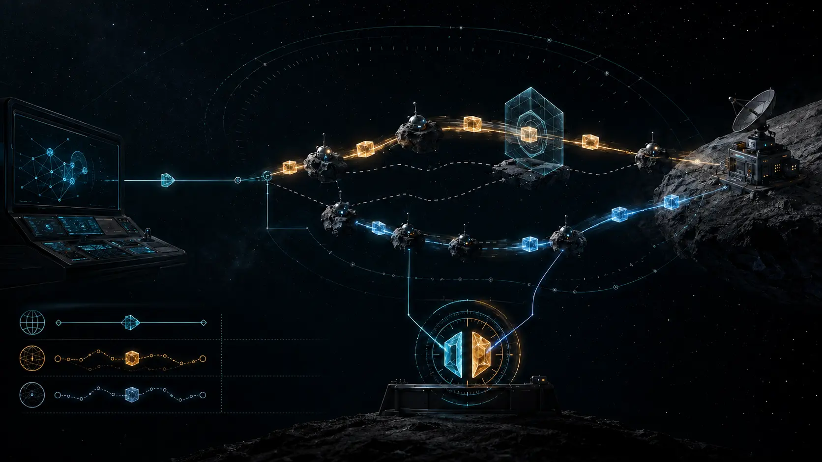 Amber and cyan challenge paths cross delayed relays, meet at a verifier and pass through a distinct integrity gateway without merging authority layers.